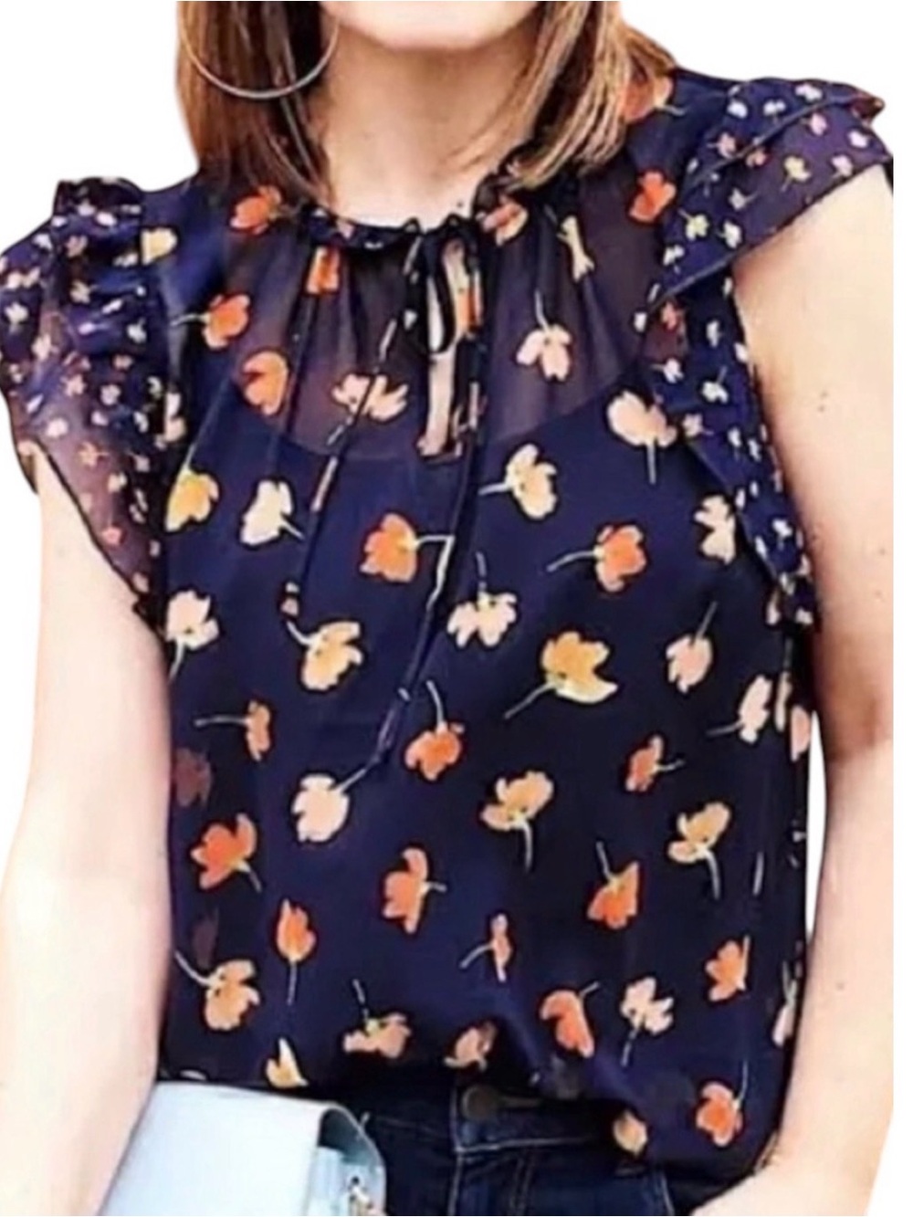 CAbi #5522 Sunset Kiss Navy Flutter Sleeve Blouse with Orange Floral Print